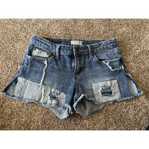 Soundgirl Womens Shorts Blue Denim Patchwork Distressed Low Rise Shortie‎ JR 7